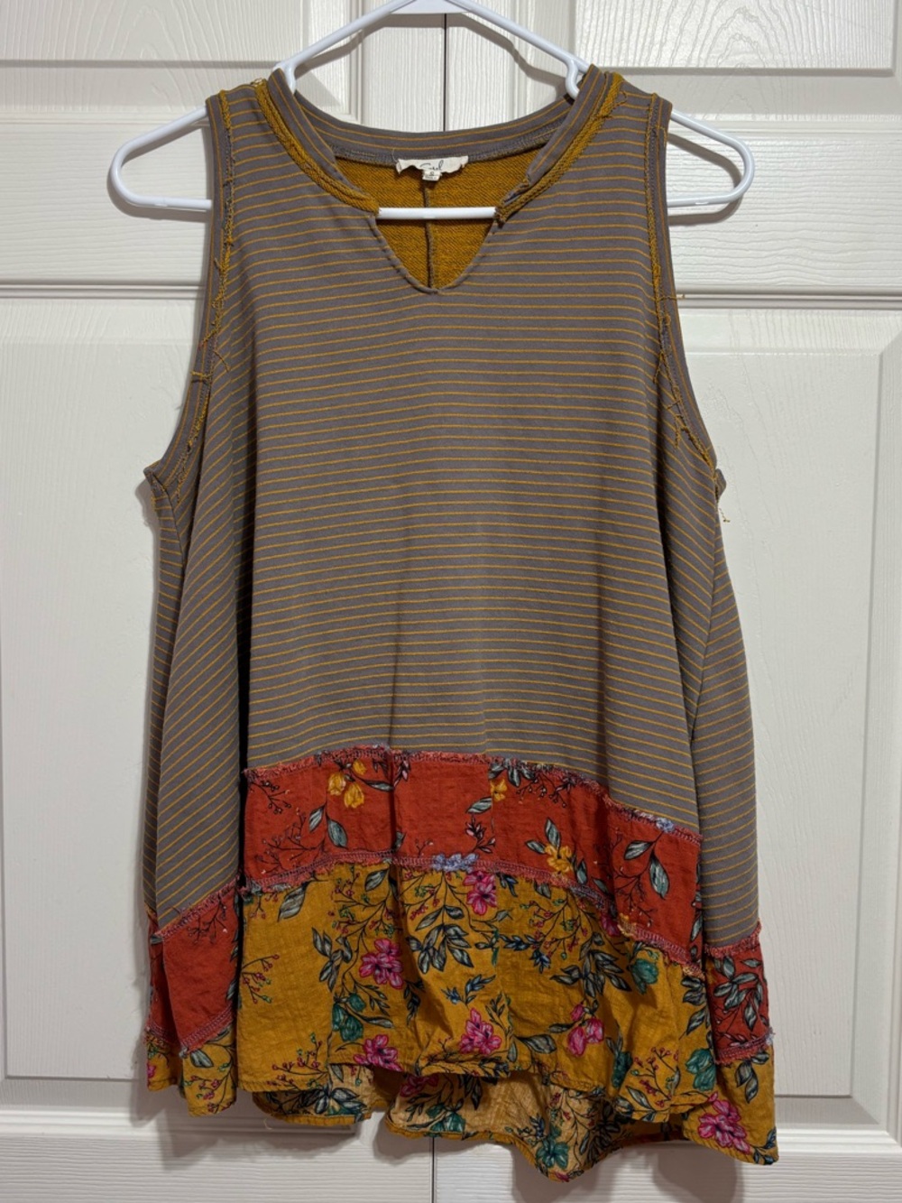 Mixed-Print Scoop Neck Tank Top in Brown and Mustard